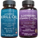 Viva Naturals Antarctic Krill olio e mirtillo, vitamina C, zinco e vitamina D3 5000 IU Bundle, 1250 mg di olio di Krill che fornisce Omega 3 EPA e DHA per la salute comune, mirtillo per il supporto immunitario