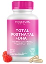 Rosa Stork Totale Vitamine Postnatali per le donne con DHA Vegan, Ferro, Folato e Vitamina B12, Postpartum Recovery Essentials, Supplemento giornaliero per le mamme allattamento - 1 mese di fornitura