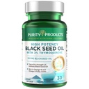 Prodotti di purezza Olio di semi nero ad alta potenza - Doppia resistenza + pressato a freddo - 3% Thymoquinone - 500 mg Olio di semi di cumino nero - Omega 6 + 9 acidi grassi essenziali - Facile da ingoiare - 30 Mini Softgels