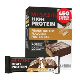 MUSASHI High Protein Bar, 45g Protein, 2g Total Sugars, Peanut Butter & Milk Chocolate Coated, Post Workout e Protein Snack On The Go, 12 Pack of 3.2oz (90g) Bar