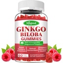 Ginkgo Biloba Gummies con Panax Ginseng e Magnesio, Ginkgo Biloba Integratori per Focus, Memoria e Salute del cervello per adulti e bambini, Vegan Raspberry Gummies, 60 Conte