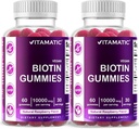Vitamatic Biotin Gummies 10.000 mcg per capelli più forti, pelle e unghie - 60 Vegan Gummies - Chiamata anche vitamina B7 (2 bottiglie)