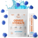 Il marchio Genius - Genius Hydrate Stick Pack Powder Drink Mix – Blue Raspberry Flavor, Natural Electrolyte Booster with Coconut Water & Potassium for Ultimate Hydration - 20 Packets
