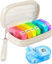 Cute Pill Organizer 2 volte al giorno, Cassa in pelle PU per le donne, Portatile scatola di pillola settimanale per borsa con borsa di stoccaggio per tenere vitamine, farmaci, oli di pesce, integratori (beige)