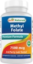 Best Naturals Methyl Folate 7500 mcg (7.5mg) (Most Bio-Available) Veggie Capsule - Supporta la funzione di crescita della formazione cellulare, cervello, memoria, salute cardiovascolare, 60 conte