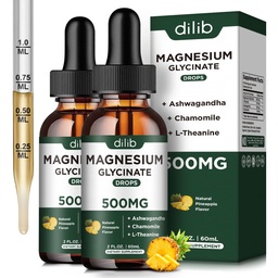 (2 Confezione) Magnesio Glycinate Supplemento, Magnesio Liquido Gocce con Magnesio Glycinate 500mg Ashwagandha, L - Theanine, Camomilla - Supporta il sonno ottimale calma Vegan