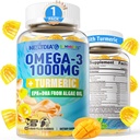 Vegan Omega-3 Gummies 1000mg + Turmeric - Omega 3 Fish Oil alternativa per gli adulti - Algae DHA 600mg & EPA 300mg, Vitamine A, C, E, Zinc & MSM, Sugar Free, 60 Cts