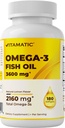 Vitamatic Triple Strength Omega 3 Fish Oil 3600mg Per Serving, 2160mg Omega 3 acidi grassi, 1296mg EPA + 864mg DHA, Burpless Lemon Flavor, 180 Softgels