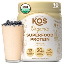 KOS Plant Based Protein Powder, Vanilla USDA Organic - Bassa Carb Pea Protein Blend, Vegan Superfood Rich in Vitamine & Minerali - Keto, Soia, Dairy Free - Meal Sostituzione per Donne & Uomini - 10 Serve
