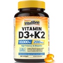 Vitamina D3 K2 Supplemento, 10000 IU D3 / 200 mcg K2 MK7, Assorbimento di calcio, Bone, Cuore, Immune & Mood Supporto, Assorbimento potenziato, No Soia, Facile da ingoiare, 300 Softgels