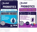 Probiotico Bundle per adulti e bambini – 60B CFU Extra Strength Capsule + 5B CFU Chewable Tablets – 15 Strains per Digestivo, Immune, & Brain Health – Supporta Gut, costipazione, Bloating, & Gas Relief