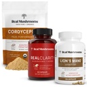 Real Mushrooms RealClarity (60ct) & Lions Mane (120ct) Capsule w/Cordyceps Powder Bundle - Mushroom Supplement per Clarity Mentale, Focus, Cognizione, Energy & Vitality - Vegan, Non OGM