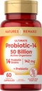 Probiotici con Prebiotici - 60 capsule - 142 mg - 50 Billion Atto attivo - Vegetariano, Non OGM & Gluten Integratore Libero - by Nature's Reward