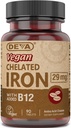 DEVA Vegan Chelated Iron con aggiunta di vitamina B-12, integratore alimentare, 29 mg, 90 conte