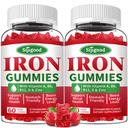 2 pacchi di ferro per le donne e gli uomini - Supplemento di ferro vegano per l'anemia e la carenza di ferro, con vitamina B12, vitamina C, zinco, follia - Boost di energia, senza zucchero, aroma di fragola, 120 conte