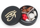 Piccolo contenitore di pillole 3 scomparti, scatola di metallo rotondo portatile, organizzatore impermeabile del padiglione di viaggio, contenitore di vitamina EDC della medicina del Purse tascabile (nero con occhio)