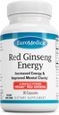 EuroMedica Red Ginseng Energy - Supplemento per sostenere l'energia sana e messa a fuoco - Integratore di erbe con la polvere di radice di Ginseng rosso coreano - Compresse vegane per aiutare la resistenza sana - 30 capsule