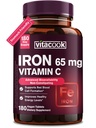 Supplemento di ferro per gli uomini delle donne, ferro ad alta potenza 65mg con vitamina C 250mg, pillole di ferro amichevoli per le cellule di sangue rosso & supporto immunitario, non OGM & Gluten Free,180 compresse vegane