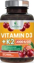 Vitamina D3 K2 2000 IU Plus con K2 (MK-7) 75 mcg - Vitamine D & K supplemento complesso per ossa, denti, muscolo, assorbimento di calcio, Supporti Immune & salute del cuore, Formula non OGM - 120 compresse