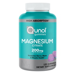 Gummie di Magnesio Qunol per adulti, 200 mg Magnesio Elementale (da 1.750 mg Citrato di Magnesio), Supplemento di Magnesio ad alto assorbimento, Supporta la nervatura, Salute di ossa e muscoli, Vegetariano, 120 Conte