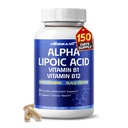 Acido alfa lipoico Alta potenza con vitamina B1, Vitamina B12, Benfotiamine, Ubiquinol, Pepe Nero - Supporto Salute Cellulare - 150 Conte - Made & Tested in USA
