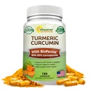 aSquared Nutrition Curcumin Turmeric 1300mg con BioPerine Black Pepper Extract - 180 Capsules - con 95% Curcuminoids, 100% Natural Tumeric Root Powder Supplements, Pure & Joint Stiffness Pills