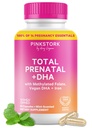 Rosa Stork Totale Vitamine Prenatali con DHA, Folate, Ferro da stiro, Cholina e Vitamina B12 - Preconcezione Nutrizione - Prenatali per Donne, Pregnancy Essentials - Mint Essence, 60 Capsule, 1 Mese di Alimentazione
