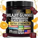 Shilajit Gummies, Shilajit puro Himalayan Gummies con Ashwagandha, olio di semi neri, zucchero libero Shilajit Gummies per gli uomini e le donne, 30 conte, aroma arancione