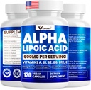 Acido lipoico alfa 600mg, ALA Supplemento per l'energia Boost, Supporto immunitario, Funzione sana, e Assorbimento potenziato, R-Alpha acido lipoico con vitamine essenziali, 120 capsule