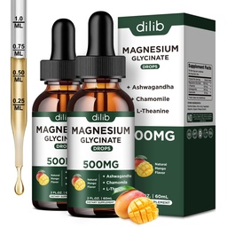 Magnesio Glycinate Liquid Drops Supplemento, con Magnesio Glycinate 500mg Ashwagandha, L - Theanine, Camomilla - Support Stress Relief, Bone, Muscolo, Mood Mango Flavor 2Pack