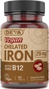 Deva Nutrition Vegan Chelated Iron 29 mg Fortificata con B-12 - Alta potenza, Facile da ingoiare - 90 compresse, 1-Pack