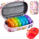 Serfeymi Organizzatore di viaggio settimanale 2 volte al giorno AM Aggiornato Rainbow Pill Box 7 giorno con Custodia portatile in pelle PU cerniera, organizzatore di medicina per pillole, vitamine, oli di pesce - rosa 03