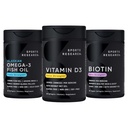 Ricerca sportiva Triple Strength Omega 3 Burpless Fish Oil 1250mg da Wild Alaska Pollock, Vitamina D3 5000 IU con Coconut MCT olio (125mcg) e Vegan Biotin 5000mcg Vitamin B7-30 Softgels Ogni