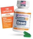 Polysaccharide Iron Complex 150mg per il supporto dell'anemia - Prevenzione e trattamento della carenza di ferro, Supporta la formazione di globuli rossi, Gentle on The Stomach, Alta potenza, USA-Made, 100 capsule