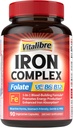 Supplemento di ferro per le donne e gli uomini, con le vitamine C, B6, B12 & Folate per la carenza di ferro, la costruzione del sangue & il supporto energetico, la stomach amichevole, migliore assorbimento, non OGM, senza glutine, 90 tappi vegani