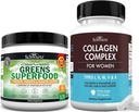 Super Greens Polvere con probiotici Prebiotici e enzimi digestivi (30 Serve) Plus capsule di Peptide di collagene idrolizzato (alimentazione di 45 giorni)