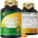 Vitamina D3 10000 IU Plus K2 (MK-7) 100mcg, Vitamina Vegana D3 K2 con Turmerico, Magnesio e Zinco per l'assorbimento del calcio, Salute Bone & Immune, Olio di cocco per l'assorbimento elevato, Facile da ingoiare, 120 Ct