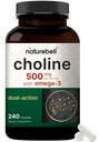 NatureBell Choline Integra 500 mg con gli acidi grassi Omega-3, 240 capsule | Bitartrate coline ad alta potenza – supporto prenatale durante la gravidanza – promuove energia, fegato, cervello e salute cognitiva