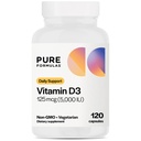 PureFormulas Vitamina D3 5000 IU 125 mcg - Integratore di vitamina D puro per la formazione sana di ossa, denti, salute cardiovascolare e supporto immunitario Non OGM - 120 Conta capsule vegetariane
