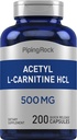 Piping Rock Acetyl L-Carnitina HCL | 500 mg | 200 capsule di polvere | Non OGM, Gluten Free Supplement