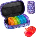 Serfeymi Organizzatore di viaggio settimanale 2 volte al giorno AM Aggiornato Rainbow Pill Box 7 giorno con custodia portatile della pellame della tela della cerniera, organizzatore di medicina per le pillole, vitamine, oli di pesce - viola 01