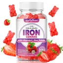 gommoni di ferro per le donne e gli uomini e i bambini, integratori di ferro masticabile con vitamina C, B3, B5, B6,B12 supporta il sistema immunitario, energia e vitalità, senza zucchero / vegano, aroma di fragola 60 Conte