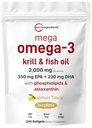 Mega Omega-3 Krill & Fish Oil 2000mg Equivalent, 240 Softgels | Limone aromatizzato | Burpless | Acidi grassi essenziali & Astaxanthin | EPA 350mg + DHA 230mg | Supplemento cuore e cervello