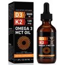 Daiasns Vitamina D3 5000 IU & K2 (MK-7) 120 mcg 60ml Gocce con olio MCT Omega 3, Vitamina liquida D3 & K2 Integratori - 2 mesi Fornitura - Supporti Bones, denti, Mood & Immune System, Assorbimento di calcio