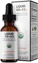 Liquido di codifica D3+K2 Vitamine USDA Organic - Vitamina D3 2000 IU, Vitamina K2 (MK4 & MK7) Gocce liquide - Supporto immunitario - Non aromatizzato - Organic MCT Olio - Non OGM - 1 fl oz