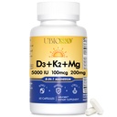 UBIOSKA Vitamina D3 K2 Magnesio Supplemento – 5000 IU D3 + MK-7 K2 con 8-Form Magnesio (Glycinate, Taurate, Malate) per il sonno calmo, Stress Relief, Mood Balance & Strong Bones – 60 capsule