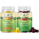 Bundle of Kids DHA Omega 3 Gummies - Fish Free con Vegetariano 6 9 per Vision Brain & Immunity e Sambucus Elderberry Gummies per bambini - Black Elderberry with Zinc & Vitamin C for Immune Support