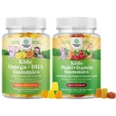 Bundle di bambini DHA Omega 3 Gummies - acidi grassi Omega 3 6 9 per il cervello, la forza immunitaria e la visione e i bambini a base di piante Multivitamina Gummies con vitamine A C D3 E B e zinco per il supporto immunità