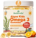 Bambini Omega 3 Gummies 2 Pack, Vegan Algae DHA 420mg con PS, vitamina D3 K2, senza zucchero, senza olio di pesce, cervello e supporto di messa a fuoco per bambini, 120 Gummies