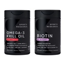 Sport Research® Glow and Flow Pack - Omega-3 Krill Oil 500mg - Pure Antarctic Superba Krill con Phospholipids, Choline & Astaxanthin & Biotin 10.000mcg con olio di cocco biologico (Vitamin B7)